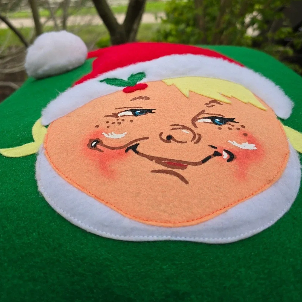 Vintage Annalee Christmas Elf Face Green Felt Throw Pillows Set of 2 - 17.5